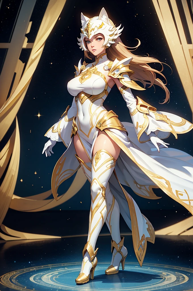 a woman in a white and gold costume standing in a studio, white and gold armor, intricate, heavy, futuristic and elegant, shiny, wears golden cat mask, and golden boots,