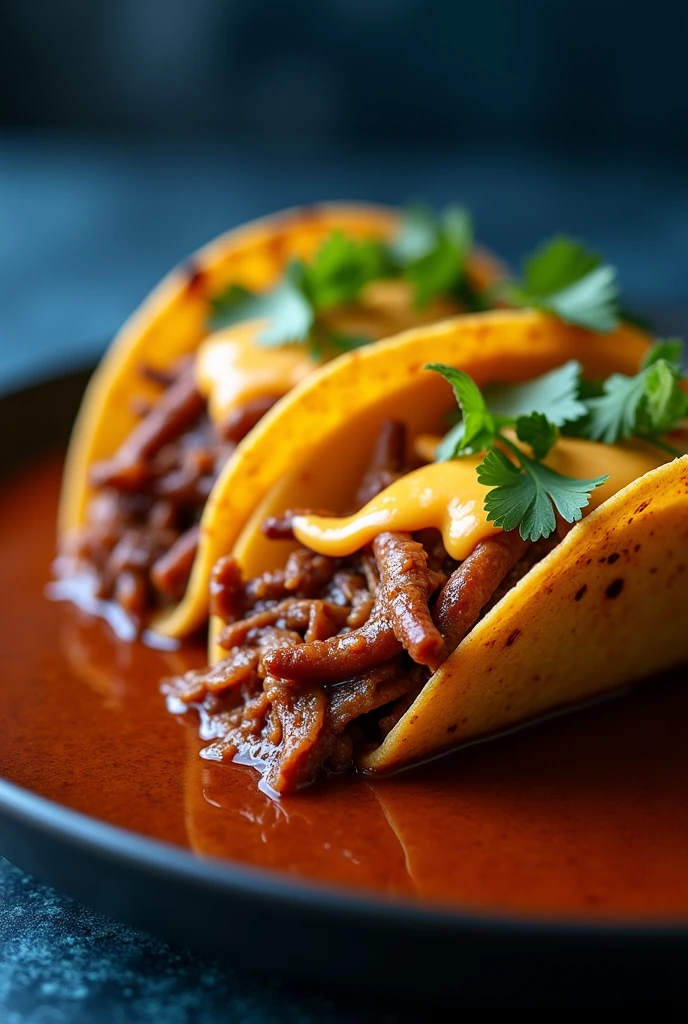 Photo of a tray with 3 birria tacos with cheese and broth,  They look provocative up close with faded backgrounds in dark blue tones