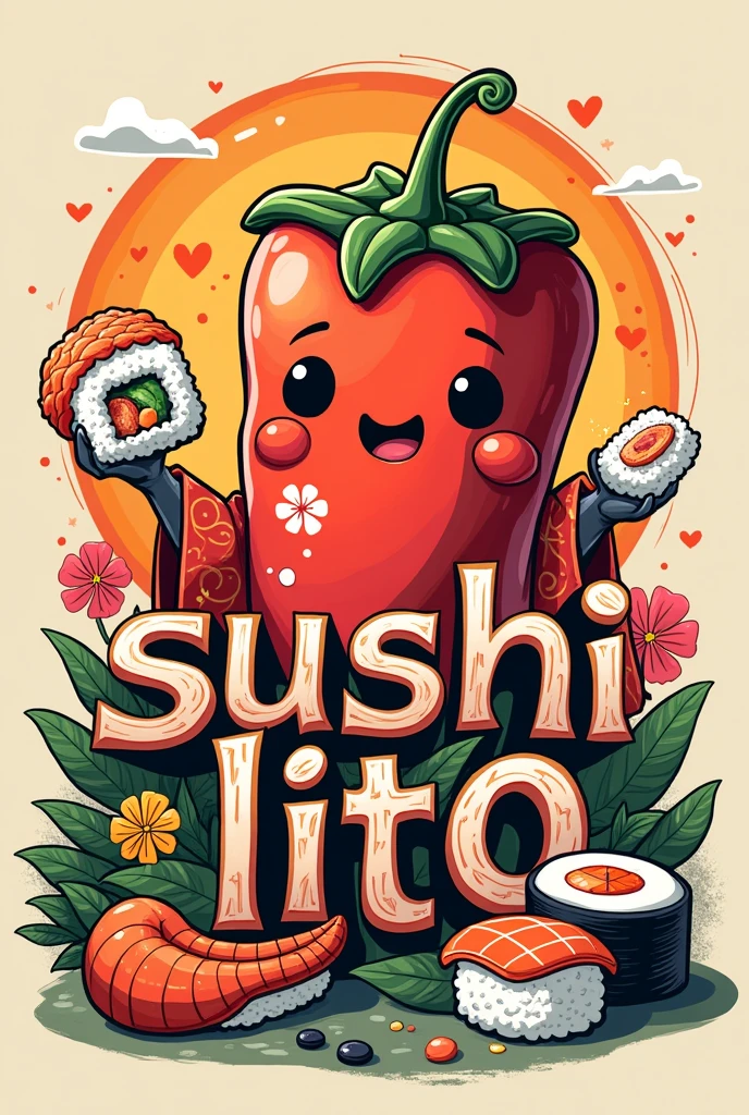 Letters that say Sushi'lito with a cartoon Japanese chili with sushi