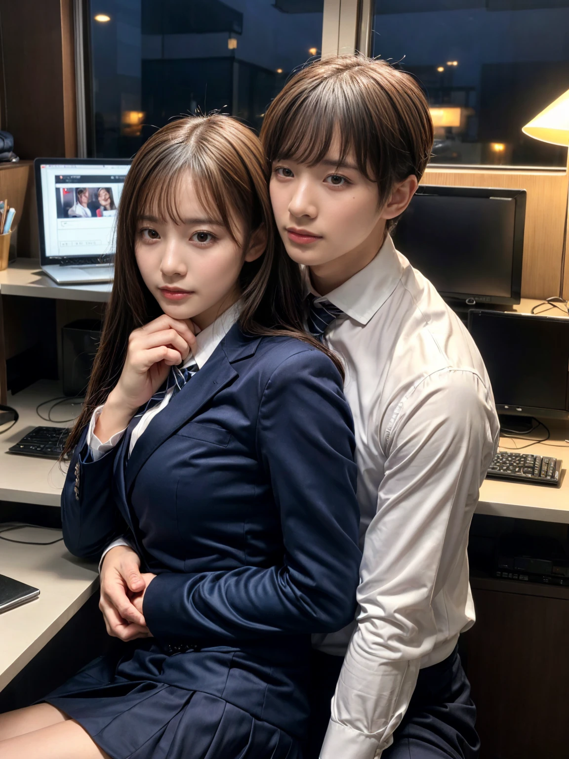 A handsome CEO with his beutiful girlfriend,who is on her highschool hot uniform romancing together with him in his luxury office at night.
While he carefully romantically falls down her hair., laege breasts, Hug from behind.