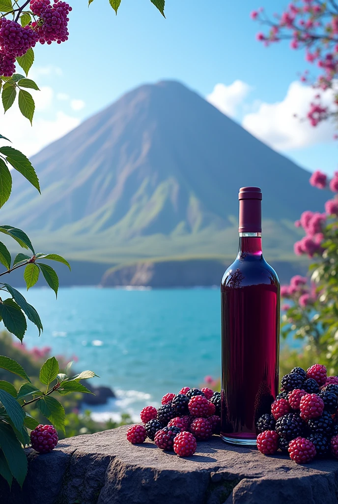 laguna, volcano, blackberry silver and bottle of blackberry wine