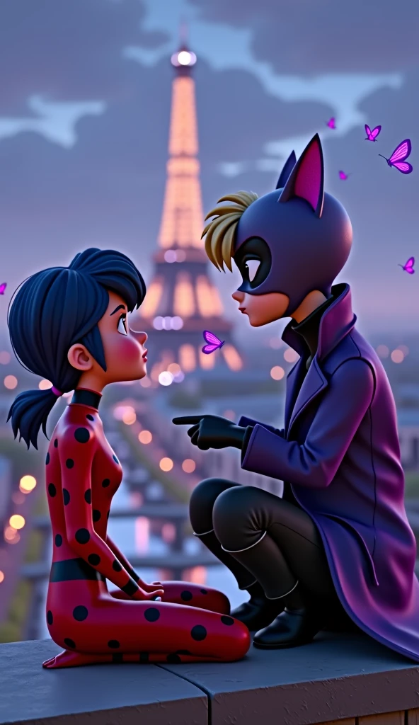 Ladybug (Marinette),age girl, blue_hair_color,pigtails_hairstyle,short_hair,wearing her red and black-spotted superhero suit, Depict Cat Noir (Adrien),teenboy,blond_hairstyle, young boy is a little taller than the young girl,Ladybug and Cat Noir are sitting side by side on the edge of a Parisian rooftop,The Eiffel Tower and the Seine River are visible in the distance,illuminated by moonlight,The rooftop setting should have a soft,intimate atmosphere,When they are sitting, a fierce Hawk Moth comes in front of them, Hawk Moth young boy's father, hawk moth wearing purple and gray mask, long purple coat, black jeans, purple butterflies are flying around him, he has a magic wand in his hand, young boy and young The girl looks at him in surprise,3d animation,disney inspiration,high quality image,8k
