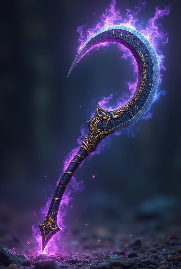 Black main color sickle, second color purple, golden details.
a blue and purple aura and fire.
just a long blade