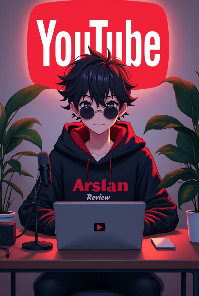 A 18 years anime boy with sunglasses and, sitting in front of a computer desk with a microphone and laptop, wearing black and red hoodie with the Channel Name on it "Arslan Review". The background includes a large YouTube logo on the wall, potted plants on either side, looking at camera
and various recording equipment.