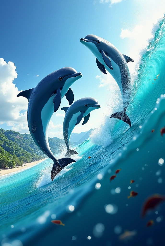 Create an image with colorful dolphins jumping in the sea with little fish in the water and a beautiful landscape, all in the ocean. In the most realistic way possible