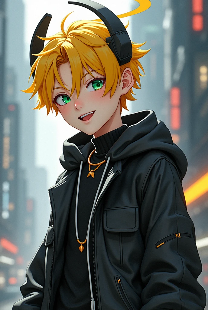 Anime boy with black and white halo, yellow hair, modern cyberpunk outfit and playful personality.