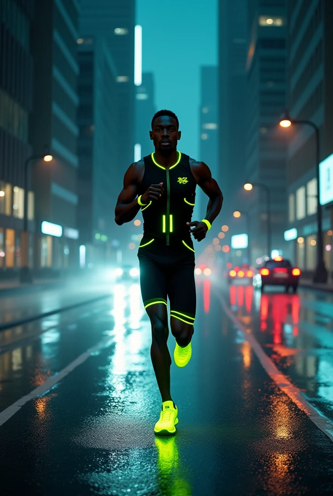 Front shot. Magnificent detail, 8K Photos, hyper-realism, dark night city, rain, wet road, wide angle lens, whole body, beautiful african athlete men, muscular body, dressed in black runner suit with green neon reflective elements, neon sneakers (running), photomodel who shoots for glossy magazines., 8k, extremely detailed, Fotorealistisch, komplizierte Details, realistische Hauttextur, realistische Haare, Textur, 8k uhd, Best quality, high resolution, Detailgenauigkeit, big , High-End ((running in the middle of the city road))