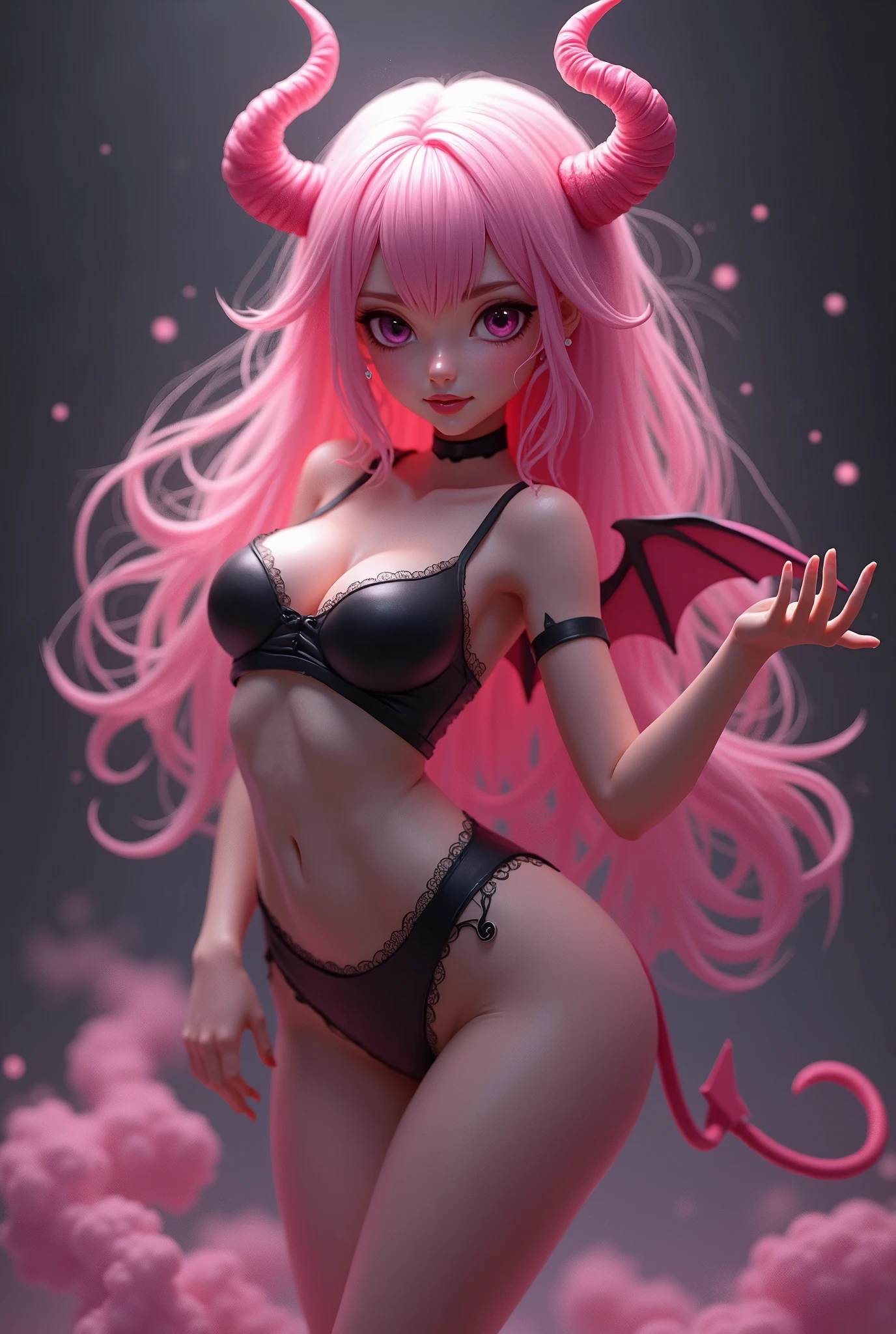 súcubo fofa, with a pink smoke magic, your hair is also pink, but their clothes are black, She wears clothes that show off her beautiful belly, and she has succubus wings, tail and horns