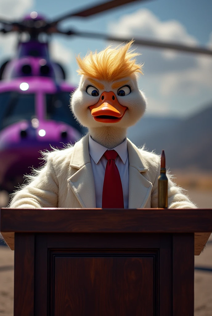 Duck Mafia with Donald Trump&#39;s Hairstyle, Soft fur, Standing and speaking behind the podium, The bullet flew past his head., Photo of a purple helicopter in the background