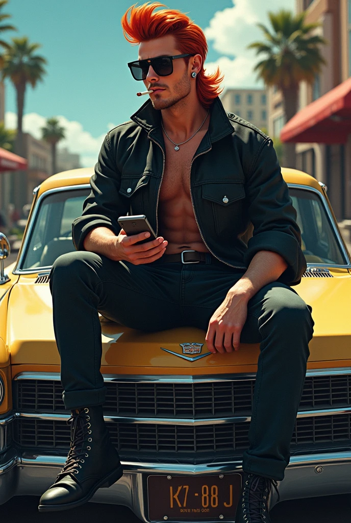 handsome 1 homem with short hair ruivo, corte Mullet Haircut, with cigarette in mouth, sitting on the hood of a Cadillac with his cell phone in his hand