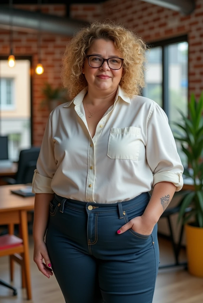 Now create a woman, chubby com uns 43 anos, who has a mother's face, curly hair. She must be in an office, in normal startup clothes, the photo must be diagonal. must be very realistic. Brazilian, chubby, brave face, half blonde with glasses and tattoo on shoulder. She must have a serious face. The fund must be from a start up.