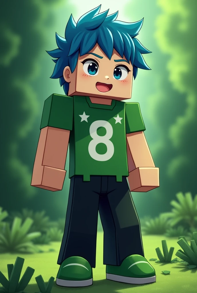 Male minecraft character, Caucasian skin, hair blue, green shirt with a white eight in the middle and two white stars above the eight, black pants, green shoe, anime styling, posing for a photo to make it square, with green background