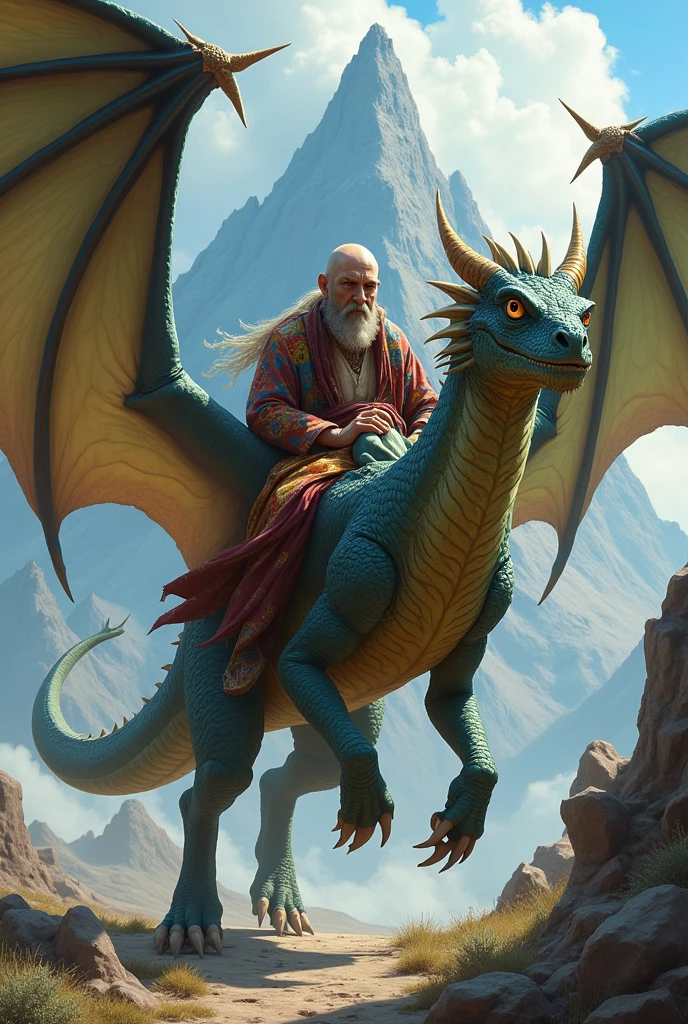 Un dagon chauve-souris avec un gitan sur son dos portant une kipa en direction d'une montagne d'ogre