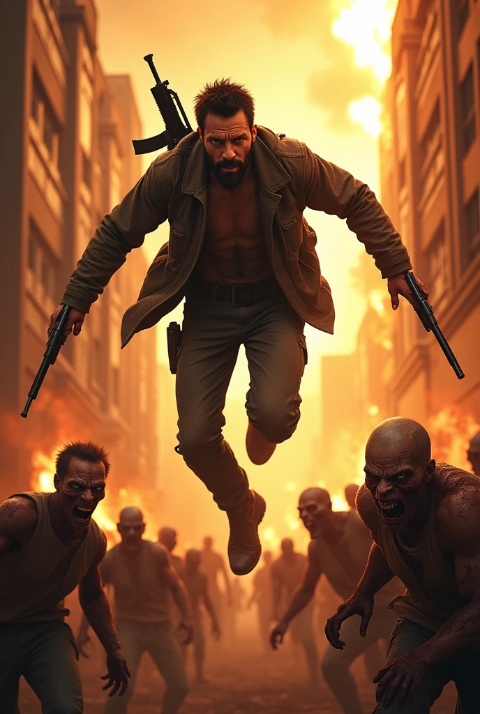 a man with the guns jump from the top of the burning building white chase by many zombies from behind
