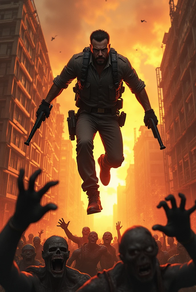 a man with the guns jump from the top of the burning building white chase by many zombies from behind
