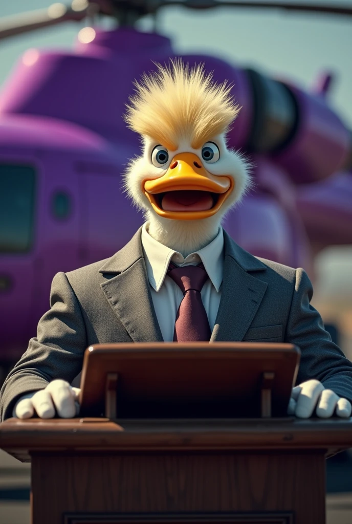 Duck Mafia with Donald Trump's Hairstyle, Soft fur, Standing and speaking behind the podium, The bullet flew past his head., Photo of a purple helicopter in the background