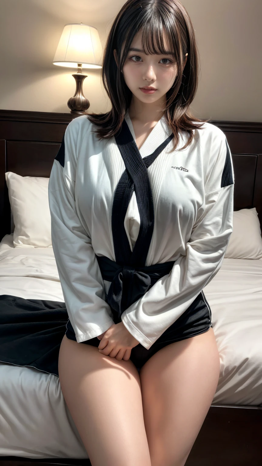 masterpiece, best quality, illustration, Super detailed, fine details, High resolution, 8K,wall paper, perfect dynamic composition,(Details High quality, realistic depiction of eyes:1.3), oversized judo uniform white, sitting, open legs, short bob hair, in a hotel room in the background, large breasts, black hair color, Big Natural Color Lip, (perfect body shape), crying a little、Harajuku style、20 year old girl、cute type、beautiful legs, Gravure Idol