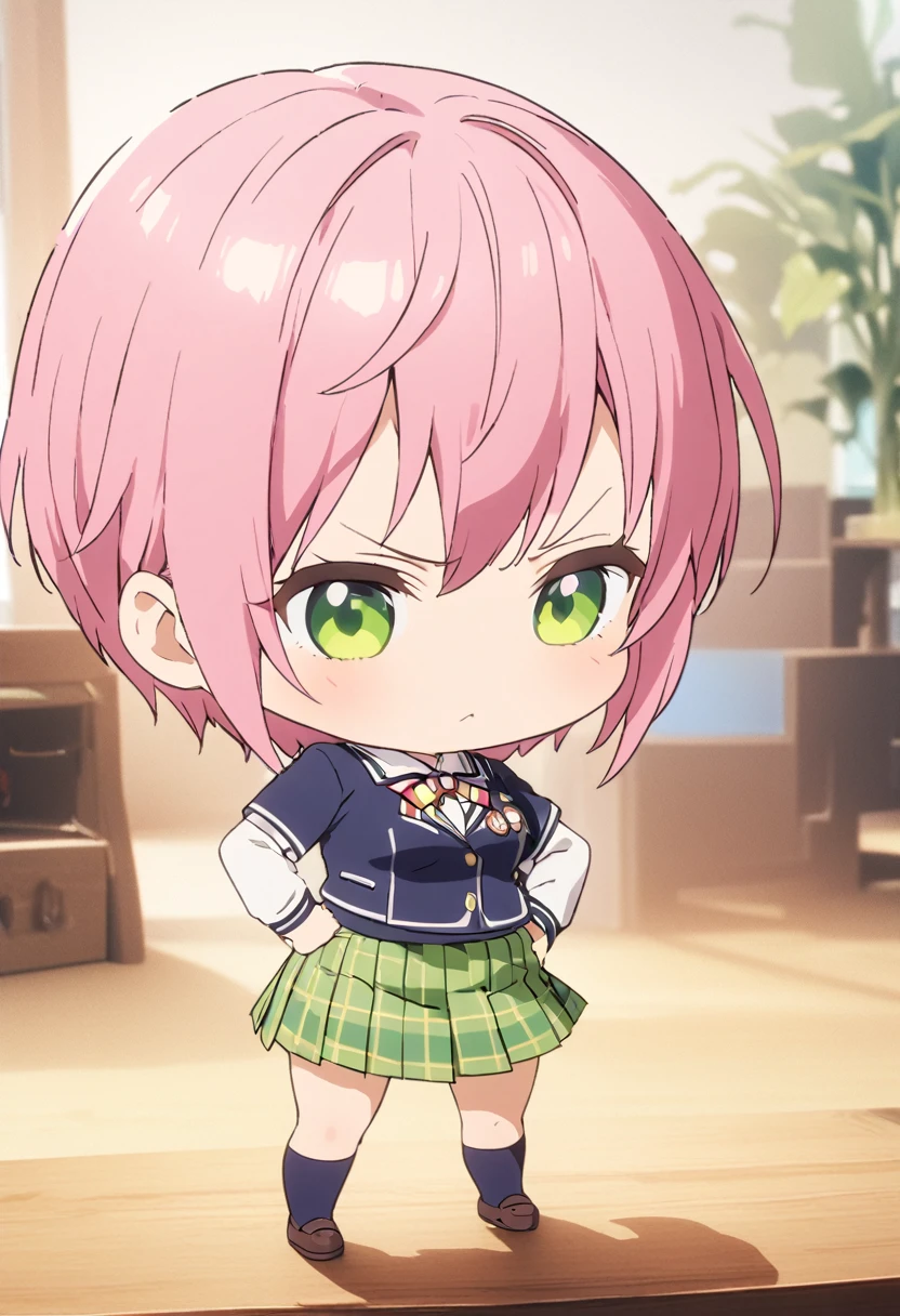 (Highest quality, 4K, 8k, High resolution, masterpiece:1.2), Very detailed, Picturesque, Animated Photography, Photo Animation:1.37)、Japanese girl、(Pink Hair)、(short hair)、(chibi:1.4),white shirt、Yellow-green checkered skirt,(high scool uniform:1.2)、standing、Hands on Hips、angry、Full body photography、Nakano ichika
