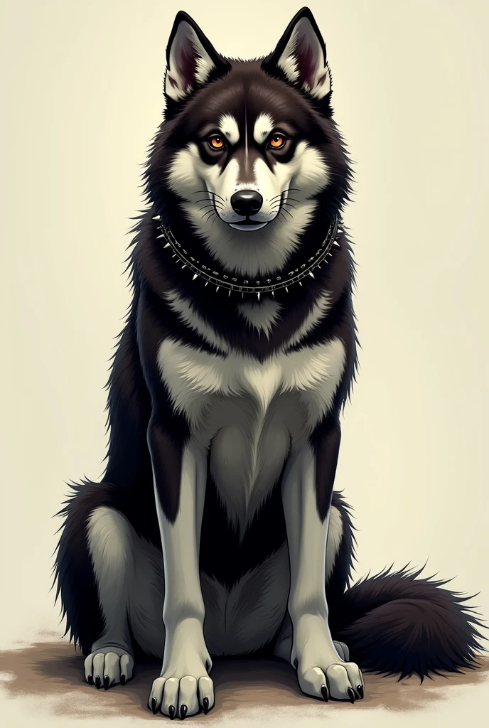 Siberian Husky with serious expression, sitting down and inviting face, adult and hairy, dark brown coat with dark brown eyes and collar with spikes, It has a kind of dark academia style, no back ground, image made in dc comics art