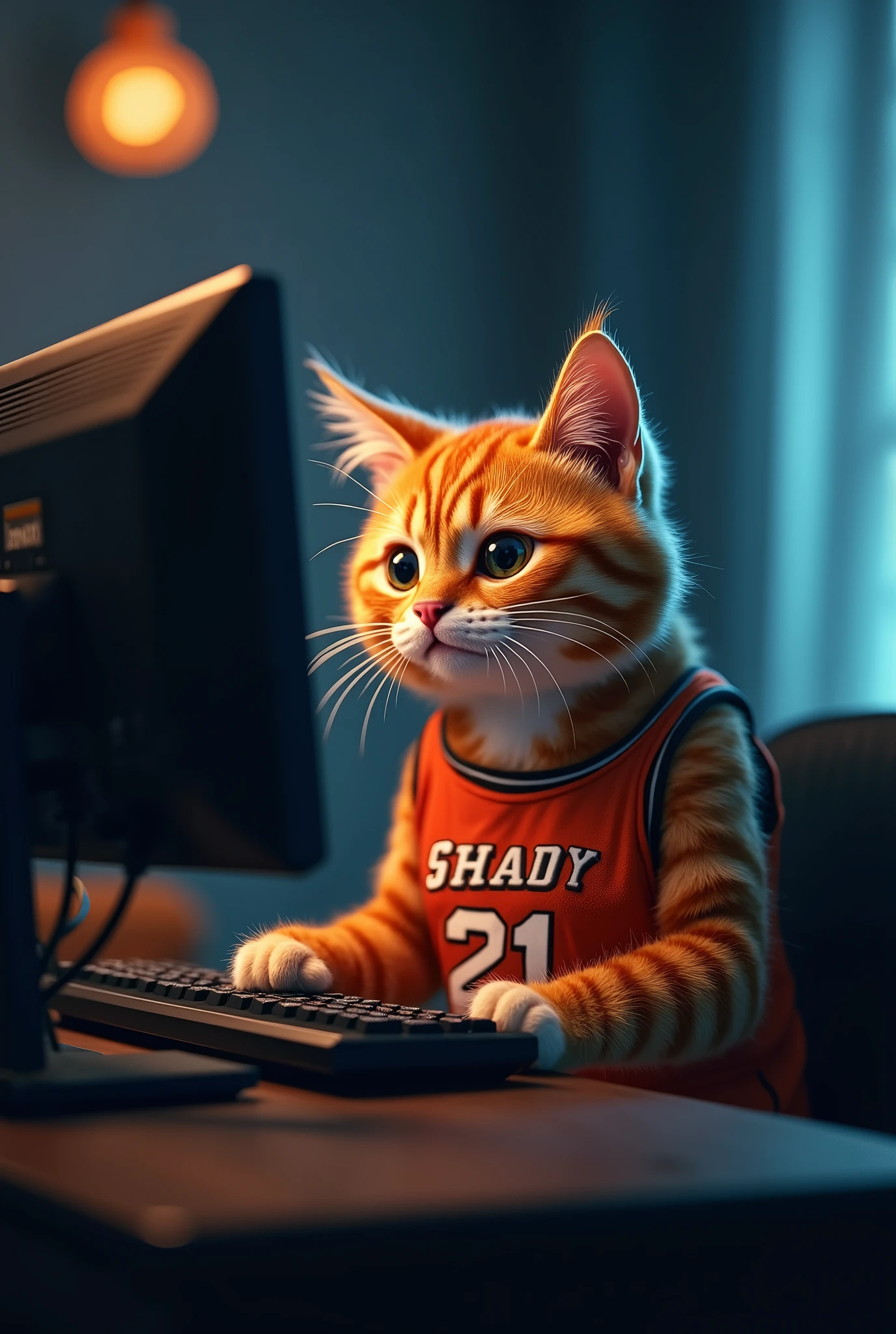 Funny ginger cat in basketball uniform with the inscription Shady with the number 21 playing on the computer in a dark room with backlights