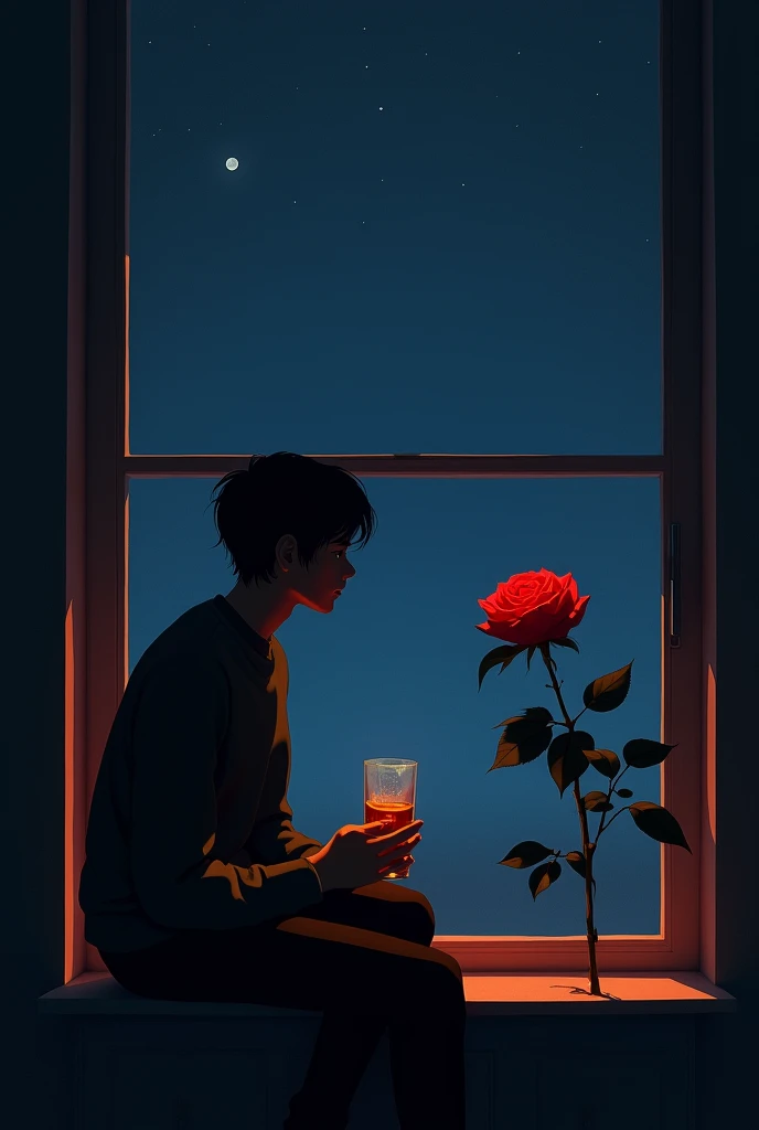 alcohol,red rose,By the window,night