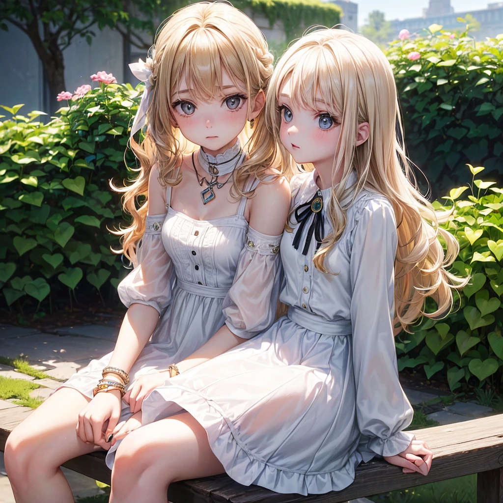 ((a single adult girl from the front view with white skin and a thin body with small breasts, she has wavy blonde hair, she wears an autism badge around her neck which is a colorful puzzle badge, she has several colorful bracelets on her wrist, she has light brown eyes, she wears a simple and cute white dress while wearing black flats, she is sitting on a white bench)) ((the setting is a garden)) ((daylighting, 8k))