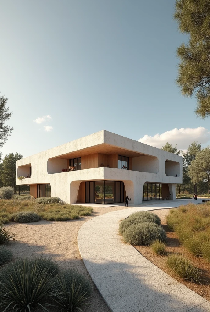 Create an architectural image of an equine therapy center with the characteristics of the works of the architect Carme Pinós on the outside and create the place with more abstract figures with horses and stables, that it looks complete and that the figures and style are not so common, It has to be a place for horses with tracks and stables