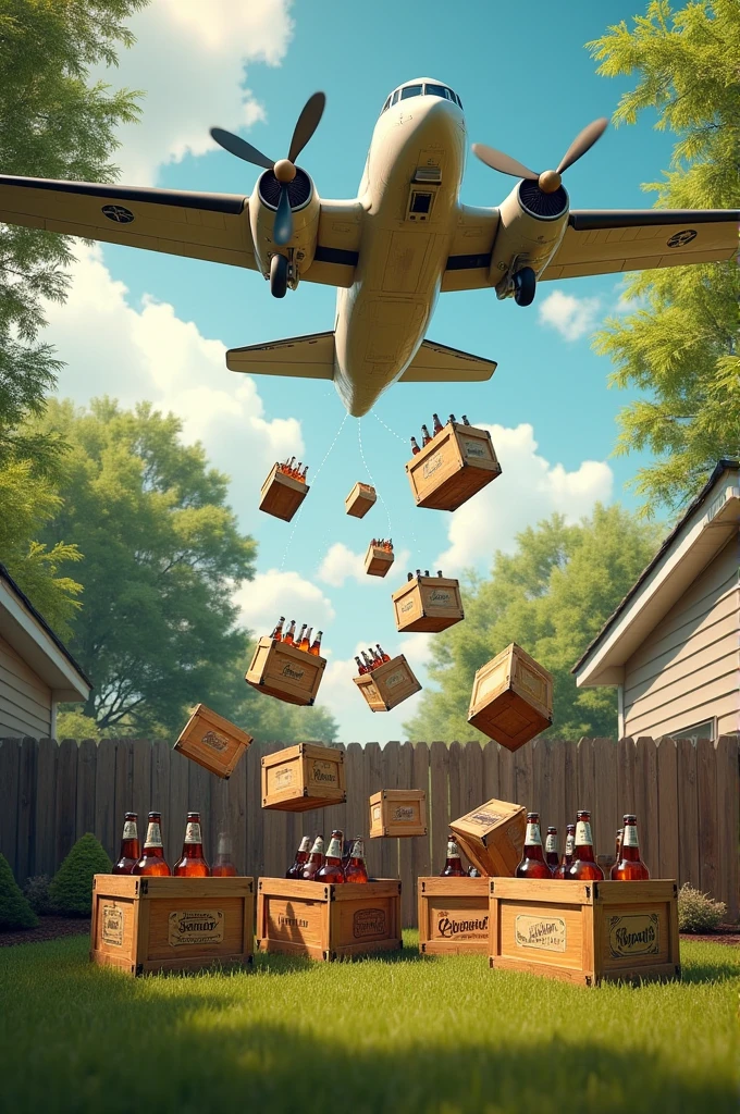 Create an image of a plane dropping cases of beer in my backyard