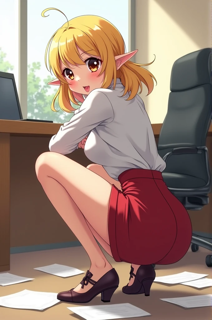 anime office girl, blond hair, small elf ears, pronounced waist, thick thighs, slender legs, very sexy pose crouching, which ruined the papers, short skirt tight to the body, pencil skirt, big beg butt, short legs, flirtatious look, blushing, sticking out her tongue very sexy.