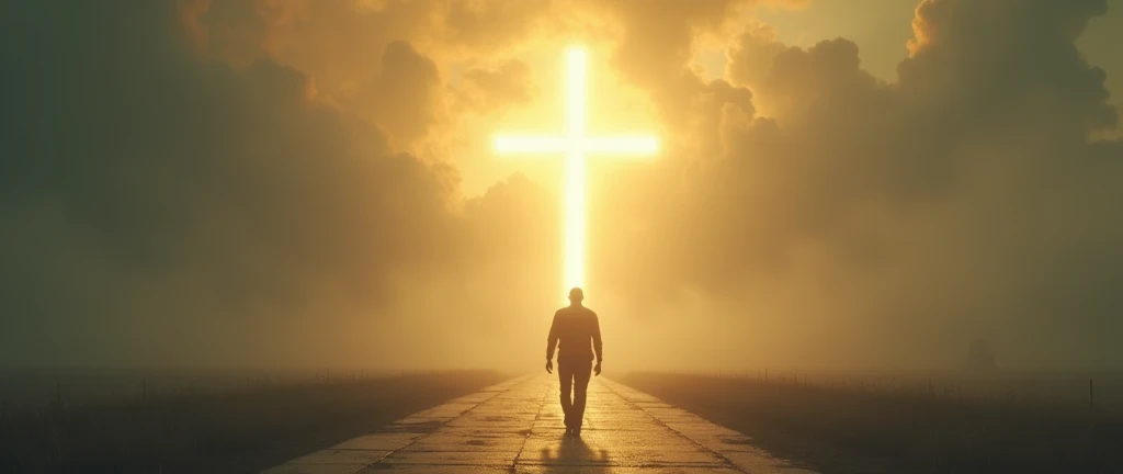 a man walking to the golden beam of light to huge cross on a paved road foggy overcast day with huge cloud in sky