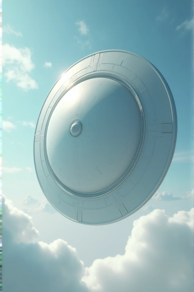 Alien circular spaceship among the clouds on a clear day.