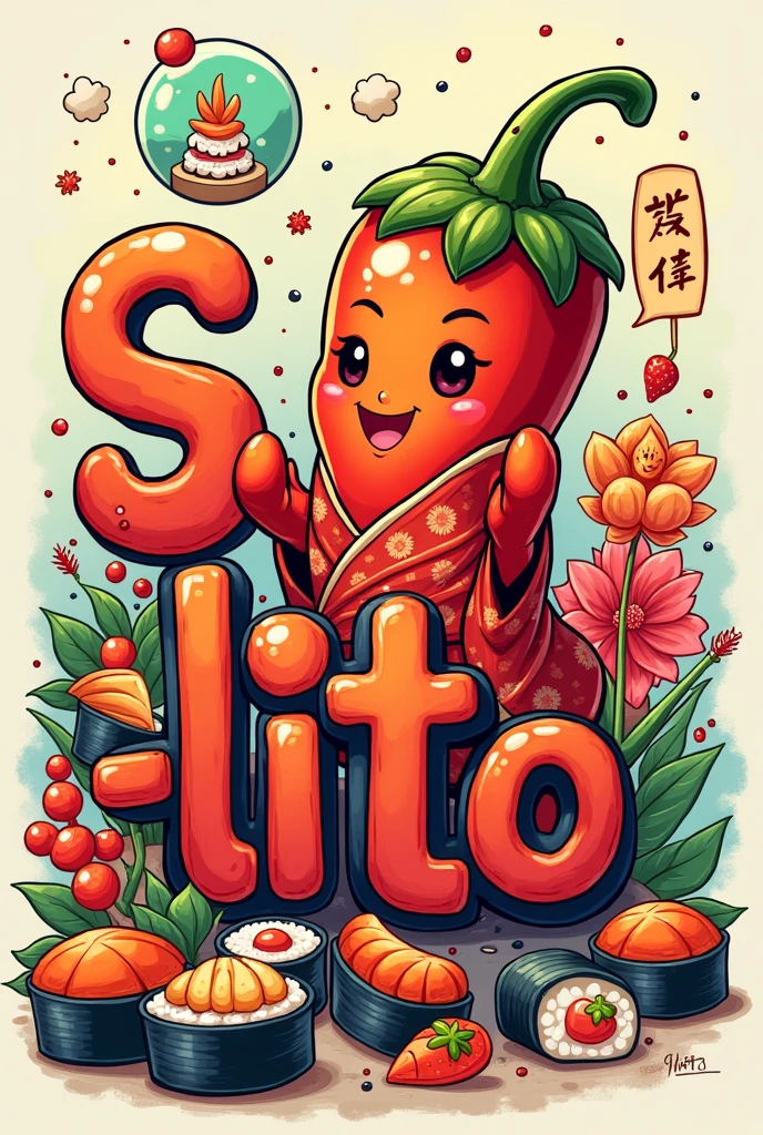 Letters that say Sushi'lito with a cartoon Japanese chili with sushi