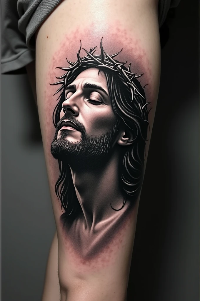 Black and gray tattoo of Jesus in profile without the crown of thorns
