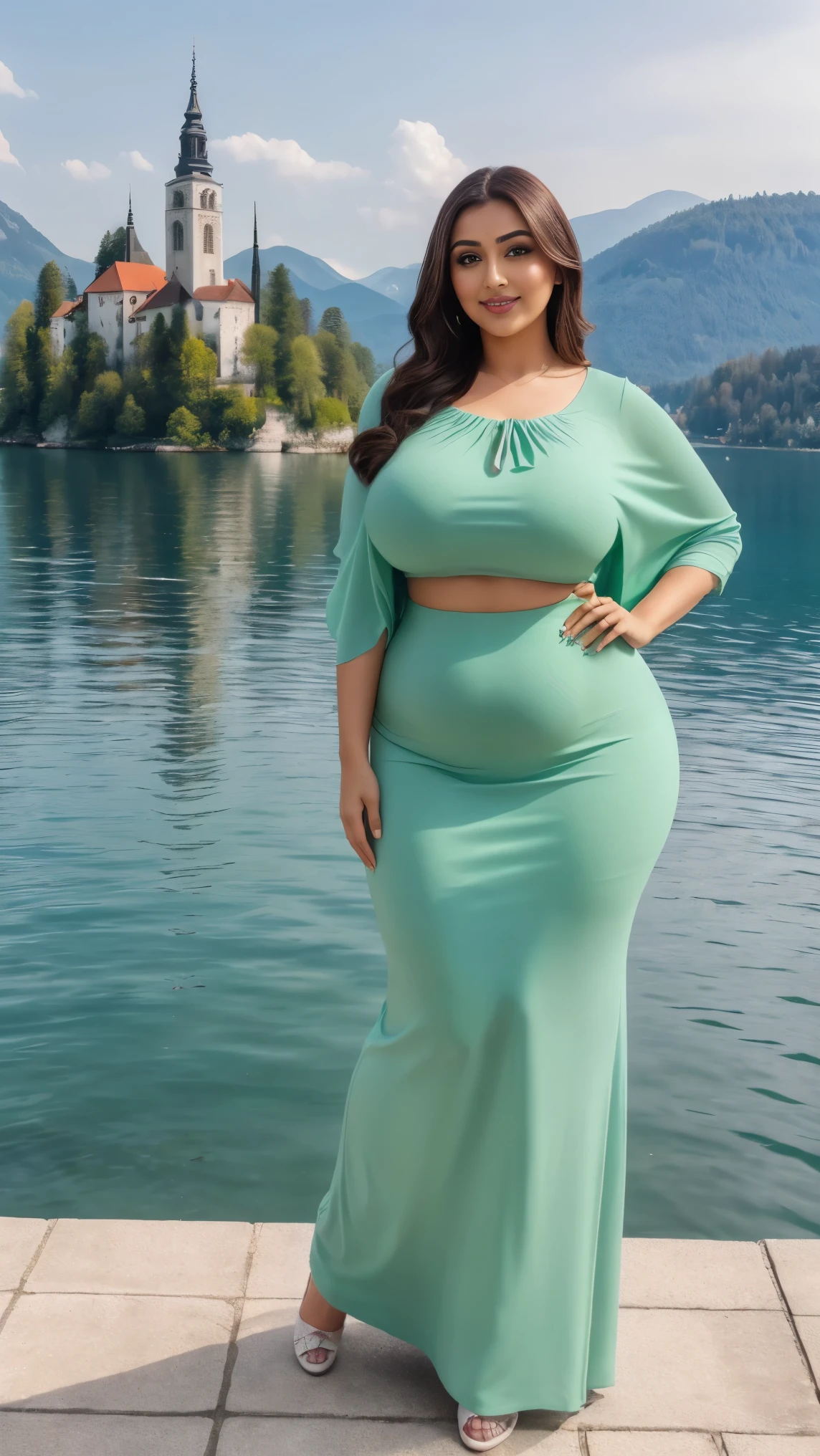 monali thakur Indian beautiful actress curvy plus size hour glass bulky huge figure woman, closeup camera view, big huge m-cup breast, SHEIN Privé Plus Size Stand Collar Batwing Sleeve Blouse
Color: Green
, covered Bust , elegant standing position, eye contact view, different style hairstyle, bright eyes, thin eyebrows, fair skin, blushing cheeks, prefect head to toe view, full body, and expansive views, ideal for high-fashion or editorial shoots, ultra realistic skin texture, head to toe view, full body shot, full body view, smile face, black hair, Indian face, perfect skin tone light, ultra realistic skin texture, bigger waist, busty, big hips, fleshy thighs, thick thighs, busty, full body view, Lake Bled, Slovenia: Picturesque lake with a church on an island and a medieval castle overlooking it.