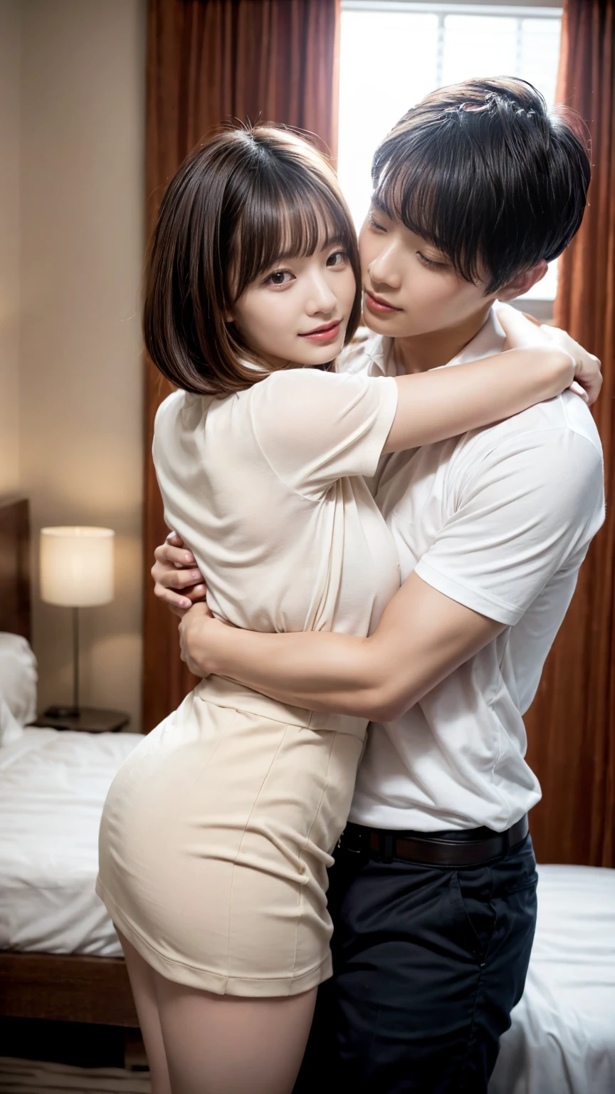 Man and woman on bed２a person、(Man tears woman's clothes)、Women who refuse、Take off your clothes、(Man hugging woman)、(Rape)、Rape、Macho and short-haired boy、Women with very short hair、detailed hairs、Beautiful and delicate skin、(Woman in white blouse)、(Woman in dark blue skirt)、Naked Men、Woman with big breasts、A slender、Rubbing a woman's breasts