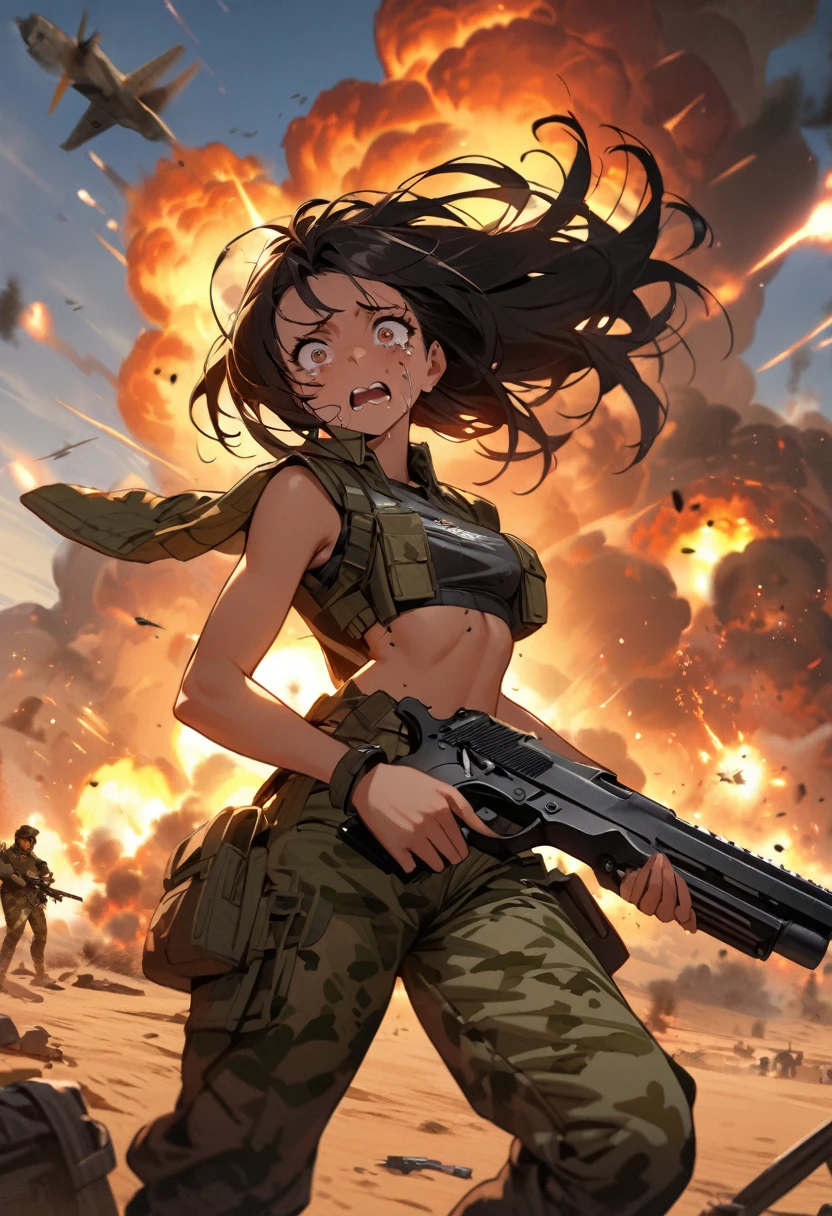 Woman, Bblack hair, Brown eyes, camouflage military clothing, camouflage pants, a Desert Eagle gun in his hands, warplanes in the sky, in the midst of a war, big explosion in the background, scared, some bruises on the face, tears in the eyes, work of art, detailed outfit, detailed back ground, perfectbody, perfect hands, face detailed, detailed weapon