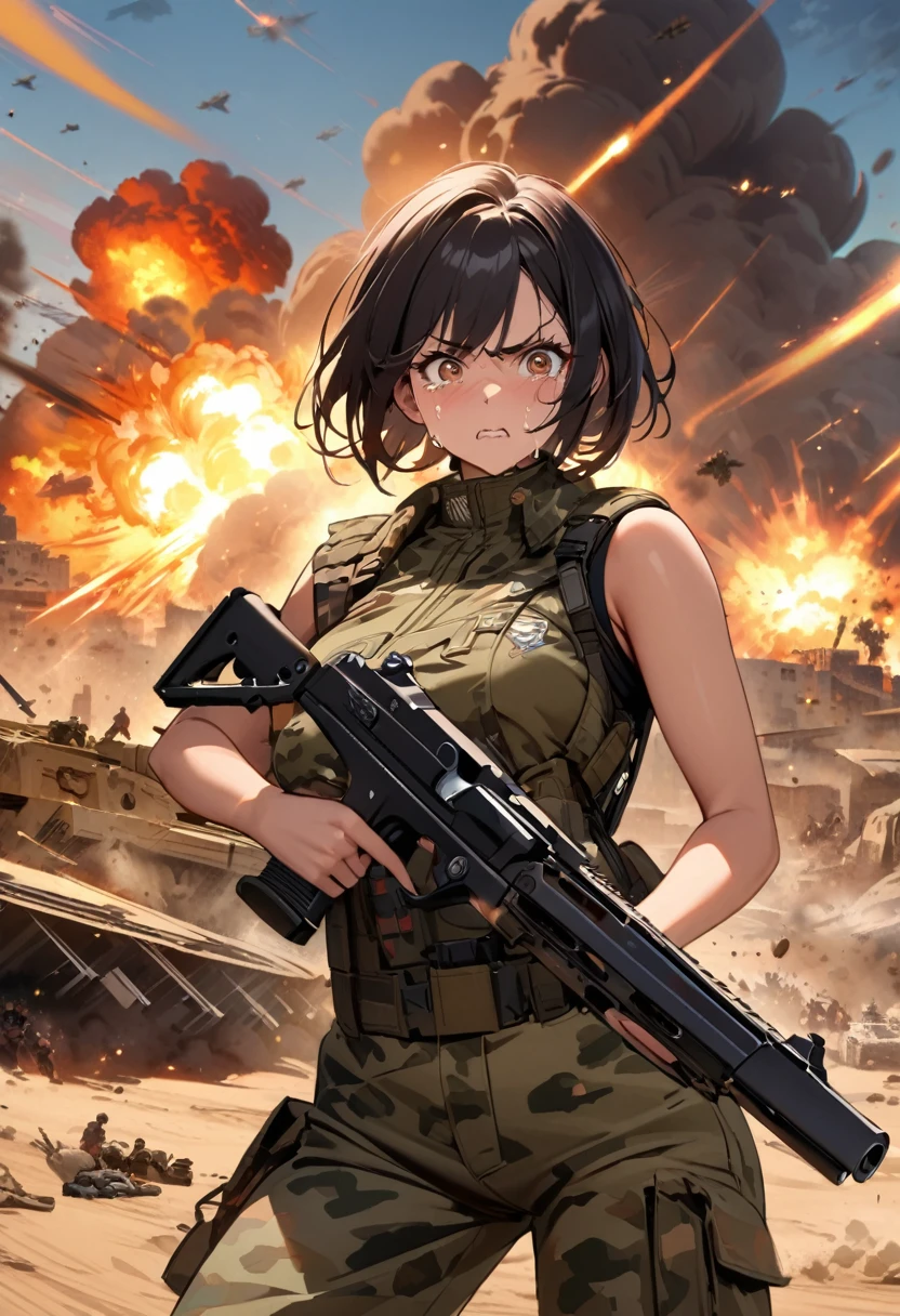Woman, Bblack hair, Brown eyes, camouflage military clothing, camouflage pants, a Desert Eagle gun in his hands, warplanes in the sky, in the midst of a war, big explosion in the background, scared, some bruises on the face, tears in the eyes, work of art, detailed outfit, detailed back ground, perfectbody, perfect hands, face detailed, detailed weapon