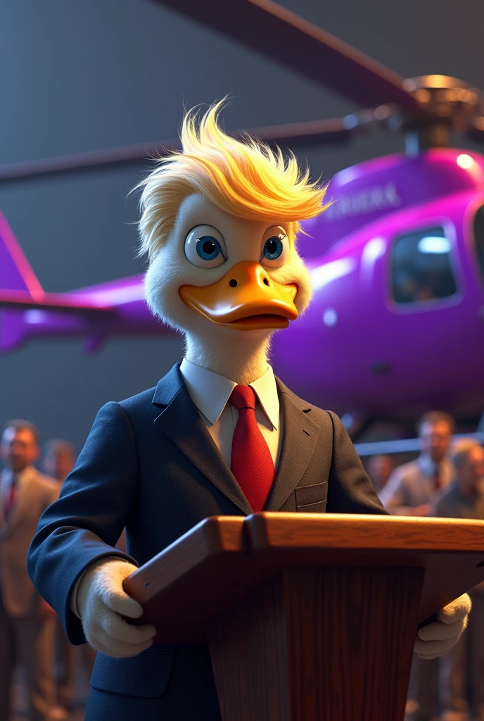 Duck Mafia with Donald Trump's Hairstyle, Soft fur, Standing and speaking behind the podium, The bullet flew past his head., Photo of a purple helicopter in the background