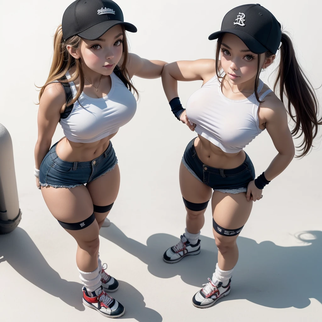 2 girls, several girls,(high level image quality),(high quality),(High resolution),(Details),(masterpiece),(artwork:1.2), (realist),looking at the viewer, detailed eyes, Perfect eyes, detailed face,(baseball cap),dynamic pose,(completely white background),((leg warmers)),(crop top),(under the chest),(Line art),(from above:1.2), (sneakers),