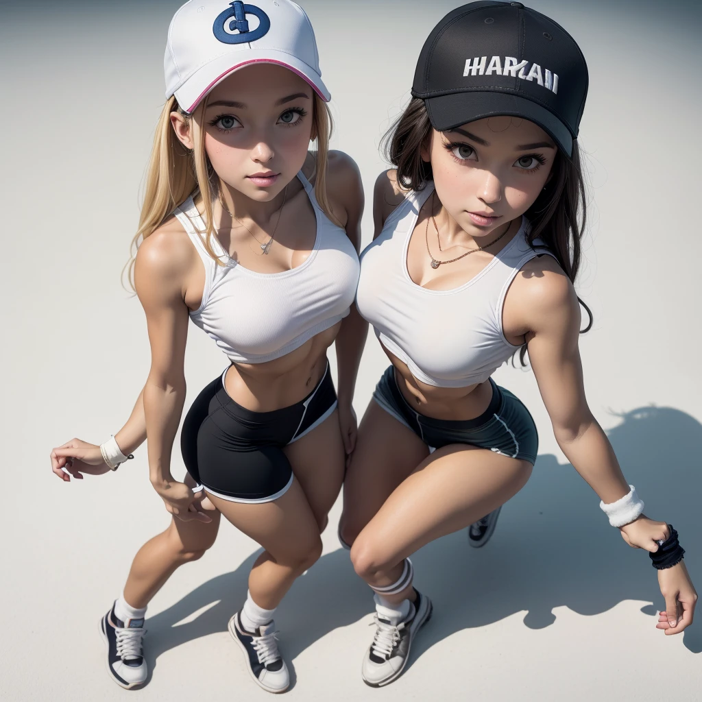 2 girls, several girls,(high level image quality),(high quality),(High resolution),(Details),(masterpiece),(artwork:1.2), (realist),looking at the viewer, detailed eyes, Perfect eyes, detailed face,(baseball cap),dynamic pose,(completely white background),((leg warmers)),(crop top),(under the chest),(Line art),(from above:1.2), (sneakers),