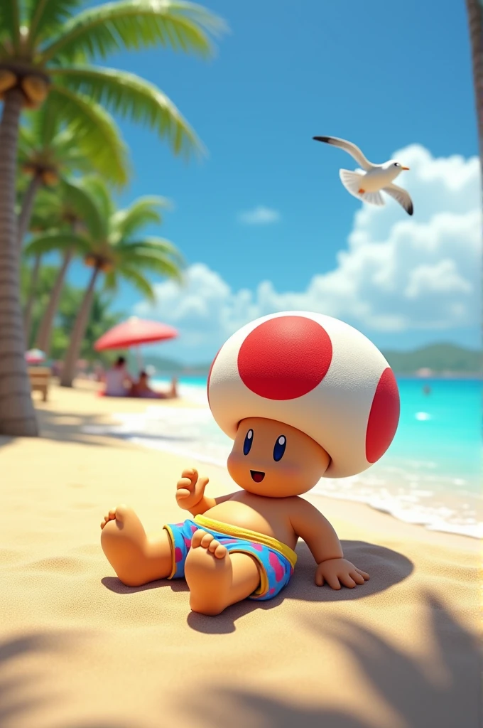Toad from Super Mario on the beach with swimming trunks and barefoot