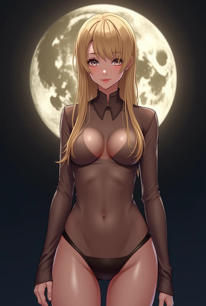 (hyper realist), (illustration), (high resolution), (8k), (extremely detaild), (best illustration), (beautiful eyes detailedbest quality), (super verbose), (work of art), (wall-paper), (face detailed), standing alone, 1 girl, blond, heterochromic eyes (sexy sheer tunic), (crotch exposed), Legs long, tight abdomen, no chest leak, (((flat-chested))), (camel toe), (see through), blood moon background , standing