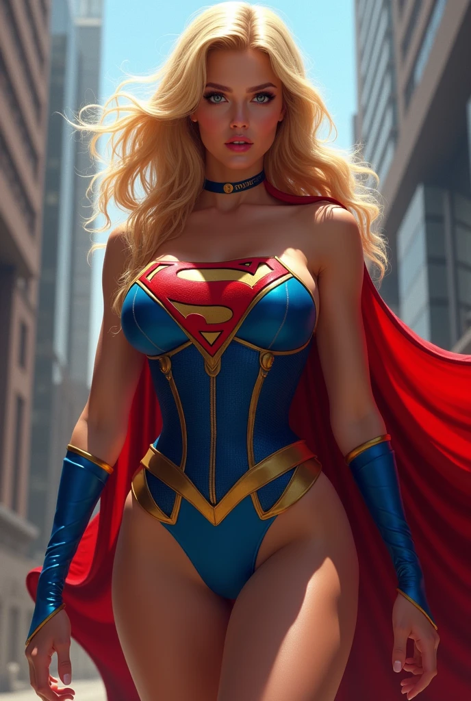 A HOT AND SEXY MUSCULAR SUPERGIRL COMPLETE WITH A EROTIC BLUE SUPERMAN CORSET COSTUME AND CAPE WITH A LARGE SUPERMAN EMBLEM. SO SEXY SUPERGIRL
