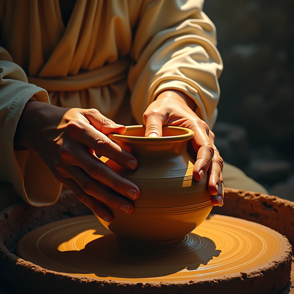 a potter's hands shaping a clay vessel on a wheel, Jesus guiding the potter's hands, God shaping lives according to His purpose, working all things for good, beautiful detailed hands, intricate details, glowing warm lighting, serene peaceful atmosphere, realistic textured clay, spiritual divine presence, heavenly light rays, photorealistic, cinematic lighting, dramatic chiaroscuro, vibrant colors, oil painting, masterpiece, (best quality,4k,8k,highres,masterpiece:1.2),ultra-detailed,(realistic,photorealistic,photo-realistic:1.37)