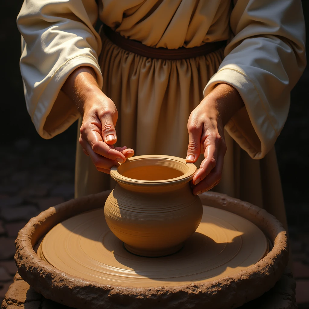 a potter's hands shaping a clay vessel on a wheel, Jesus guiding the potter's hands, God shaping lives according to His purpose, working all things for good, beautiful detailed hands, intricate details, glowing warm lighting, serene peaceful atmosphere, realistic textured clay, spiritual divine presence, heavenly light rays, photorealistic, cinematic lighting, dramatic chiaroscuro, vibrant colors, oil painting, masterpiece, (best quality,4k,8k,highres,masterpiece:1.2),ultra-detailed,(realistic,photorealistic,photo-realistic:1.37)