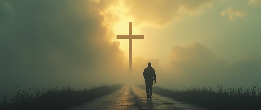 a man walking to the golden of light to huge cross on a paved road foggy overcast day with huge cloud in sky