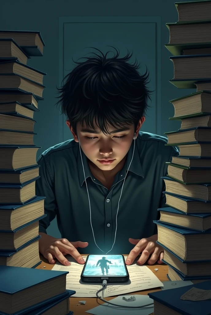 Make a  dp of a  sad 18 year boy who are stuck in bulk of books. His earphone connected phone  lying on the table in which lateral Pubg game was running. No items is on his hand.
Ensure that Pubg game should clearly visible in phone.