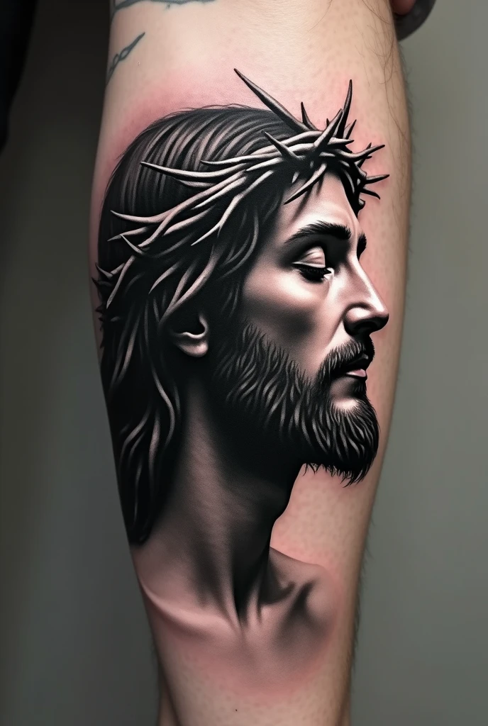 Black and gray tattoo of Jesus in profile without the crown of thorns