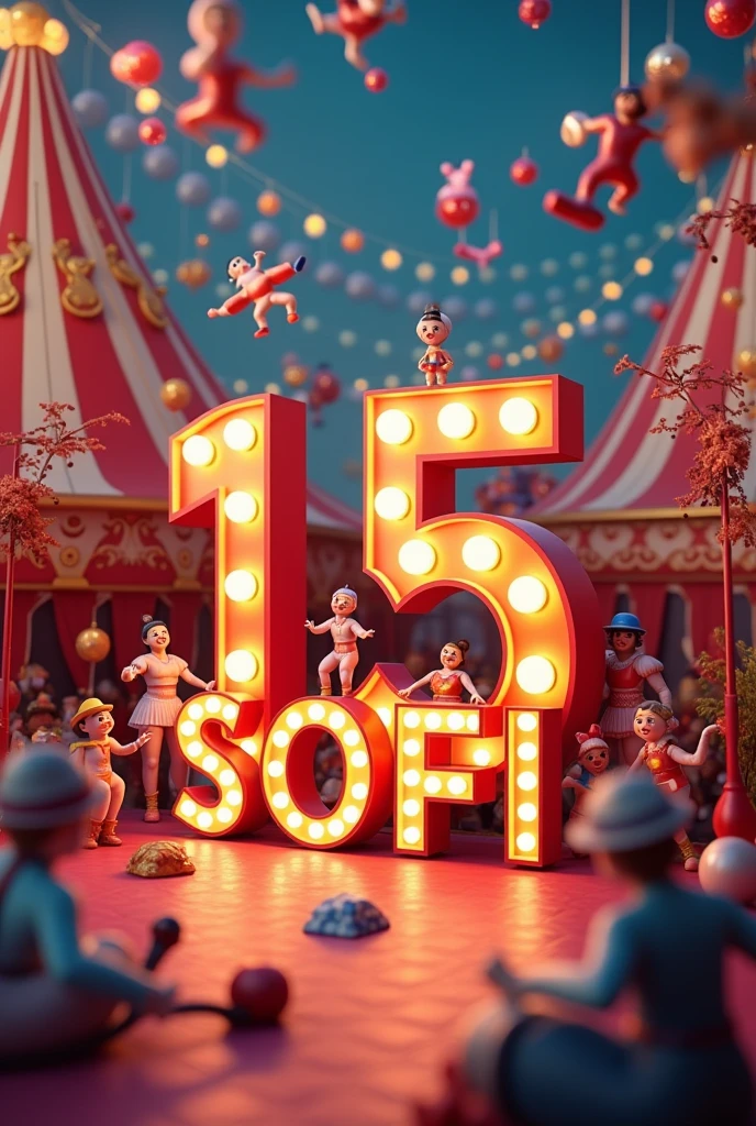 Design me a 3d square circus image, and write in big letters 15 and Sofi in capital letters
