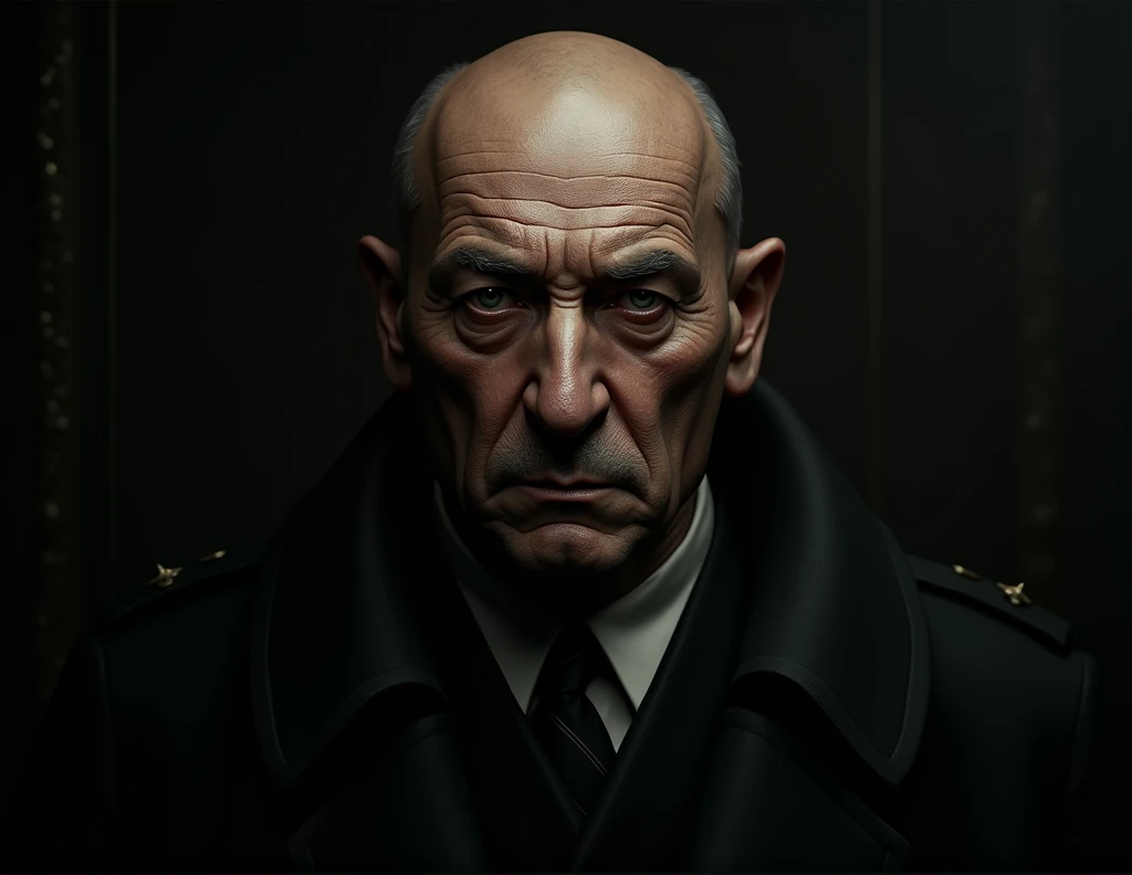 Lavrentyi Pavlovich Beria, close-up portrait, dramatic lighting, gloomy atmosphere, soviet era, totalitarian regime, sinister expression, powerful leader, cold war era, historical figure, high contrast, moody colors, cinematic style, chiaroscuro, powerful presence